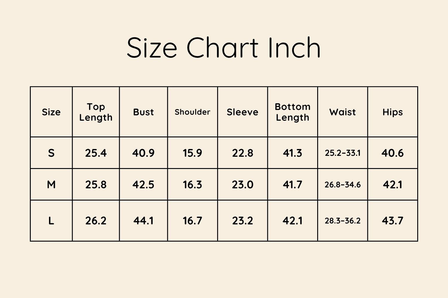 Size Chart Inches