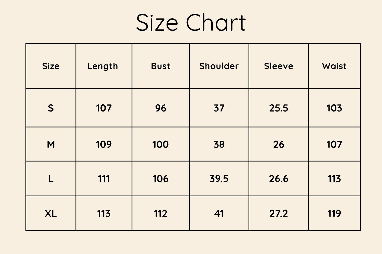 Size Chart CM