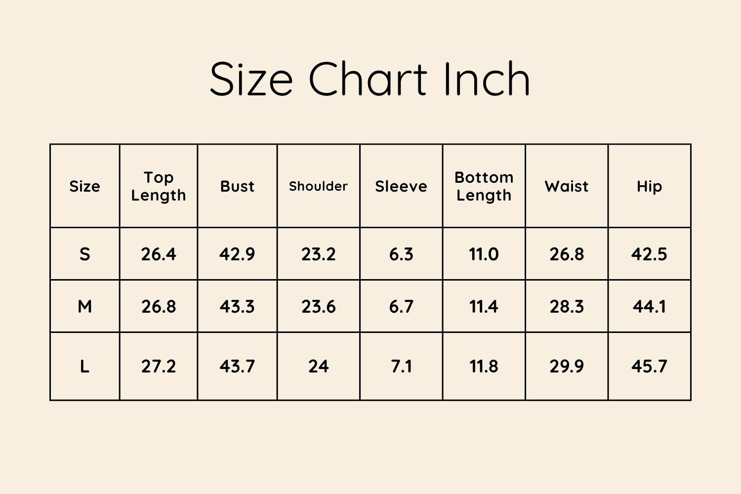 Size Chart Inches