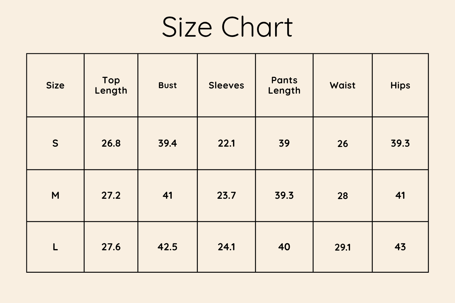 Size Chart Inches