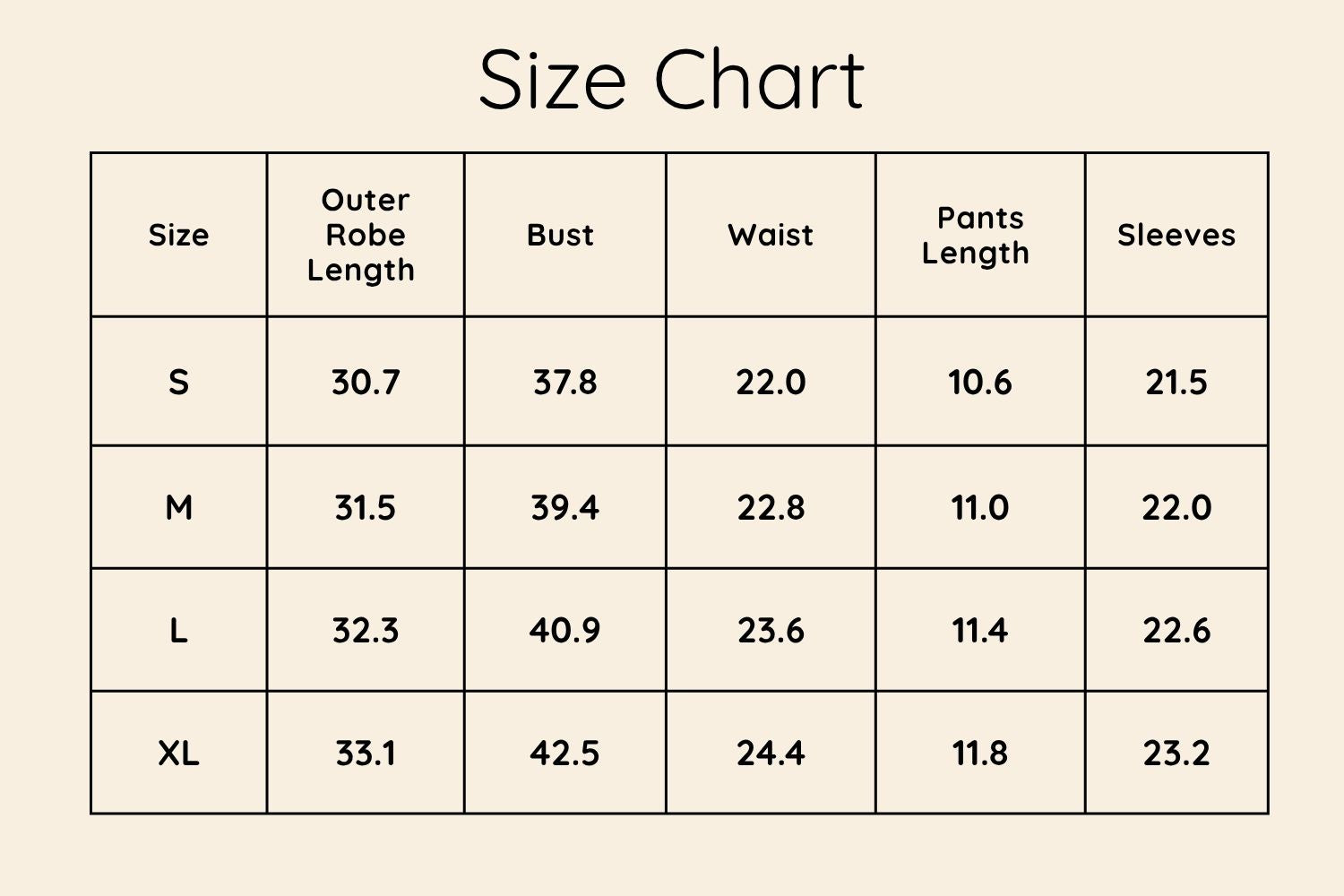 Size Chart Inches