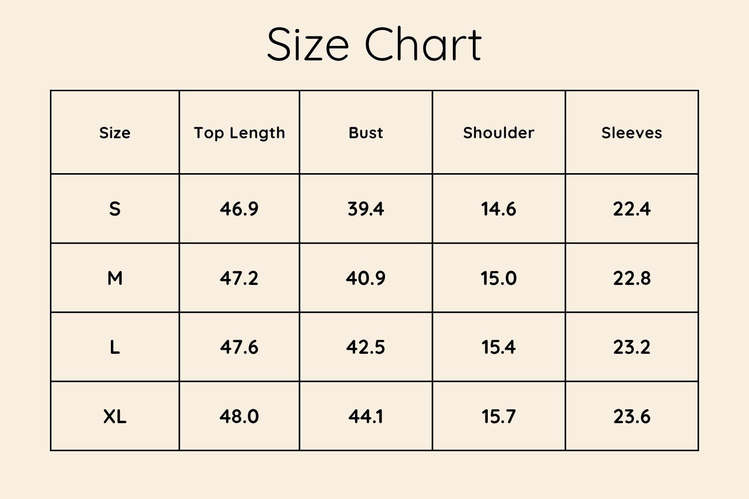 Size Chart Inches