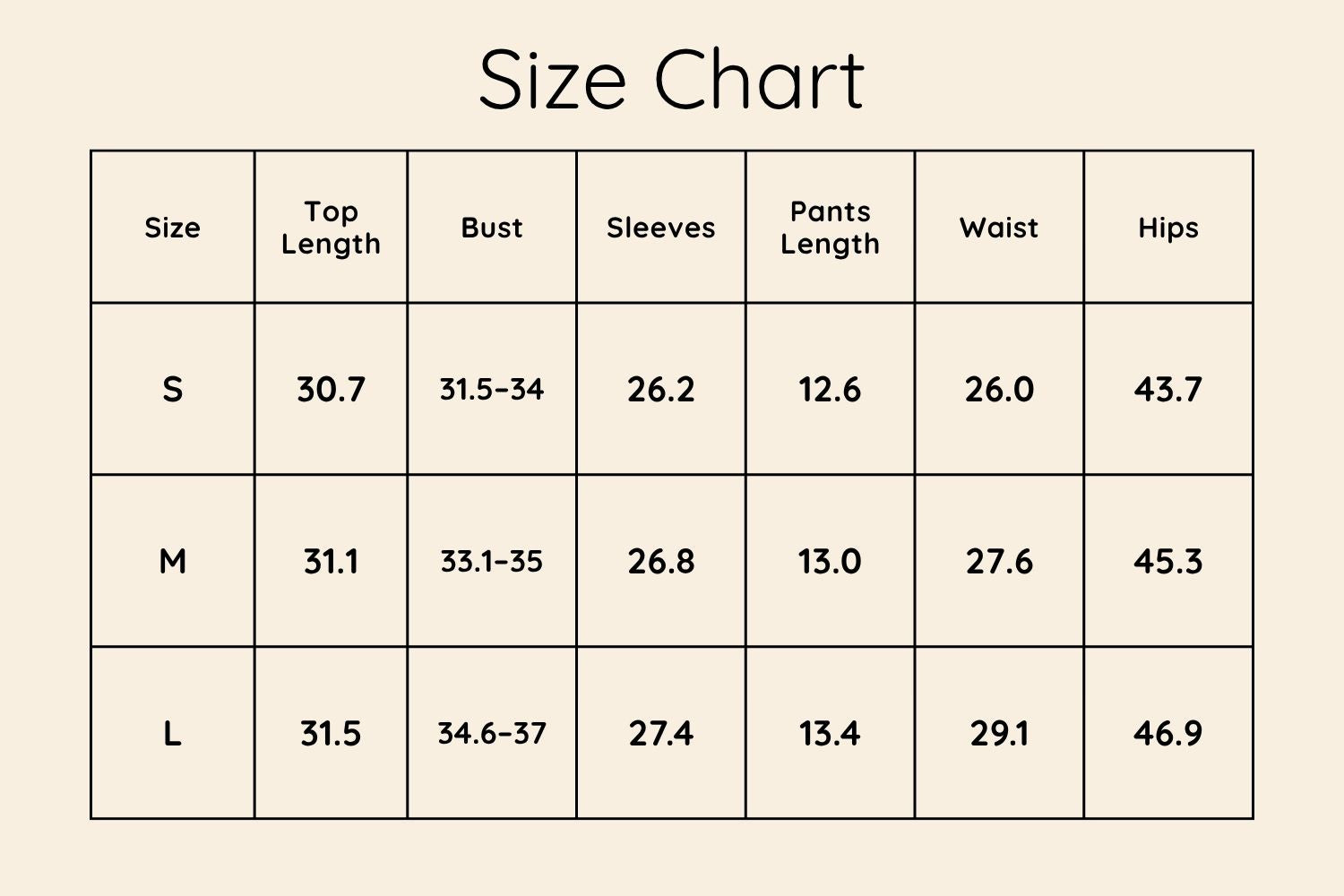 Size Chart Inches