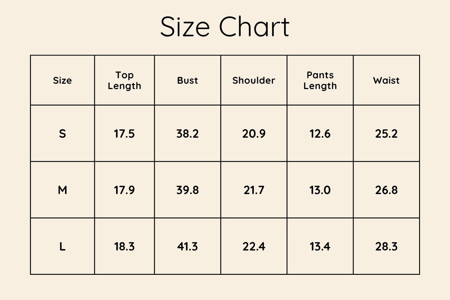 Size Chart Inches