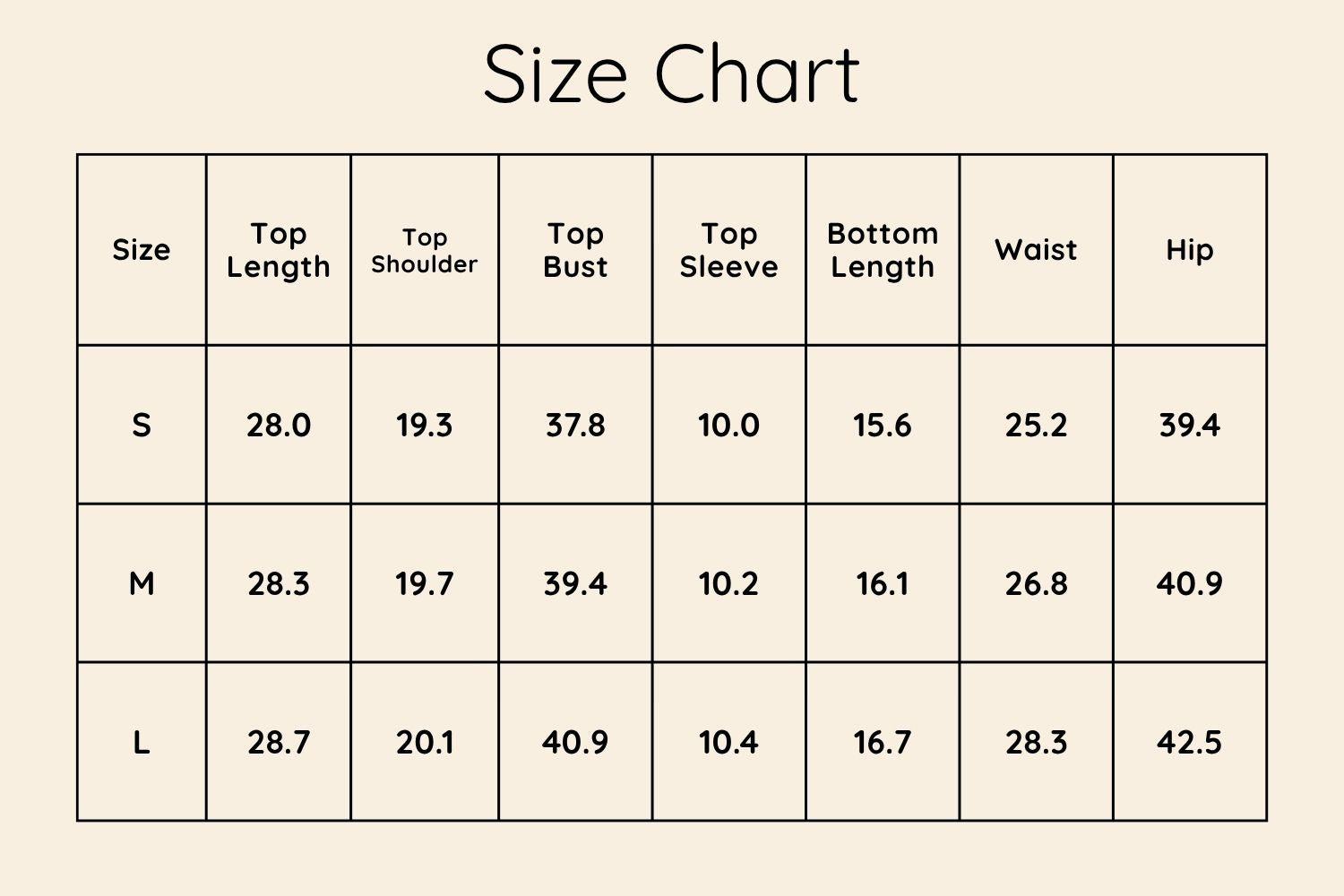 Size Chart Inches