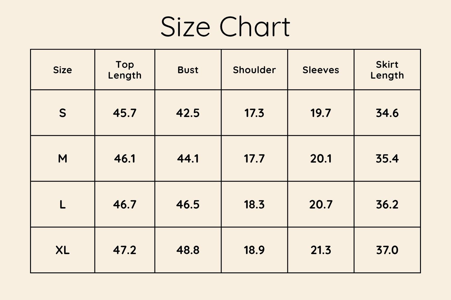 Size Chart Inches