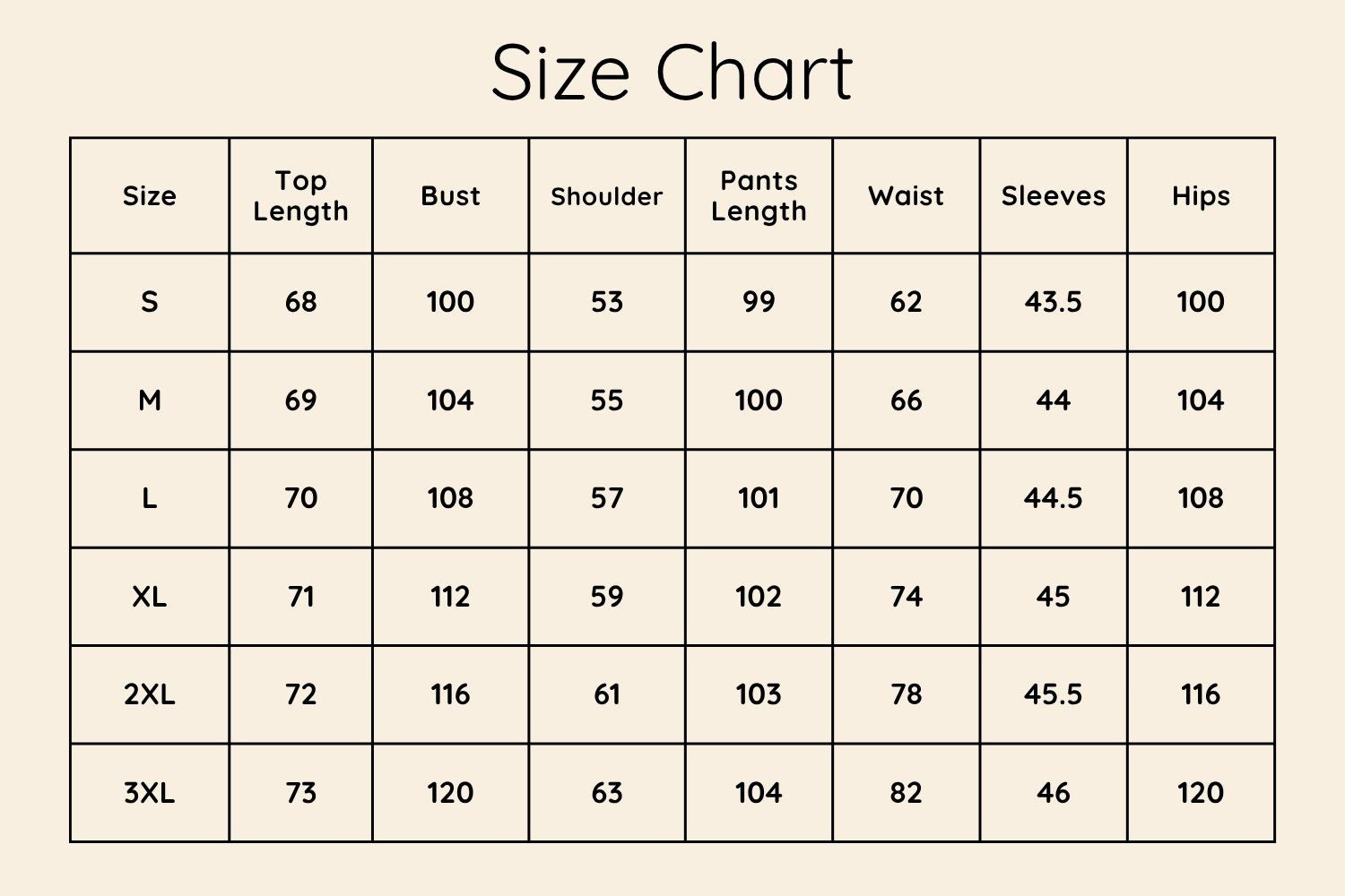 Size Chart CM