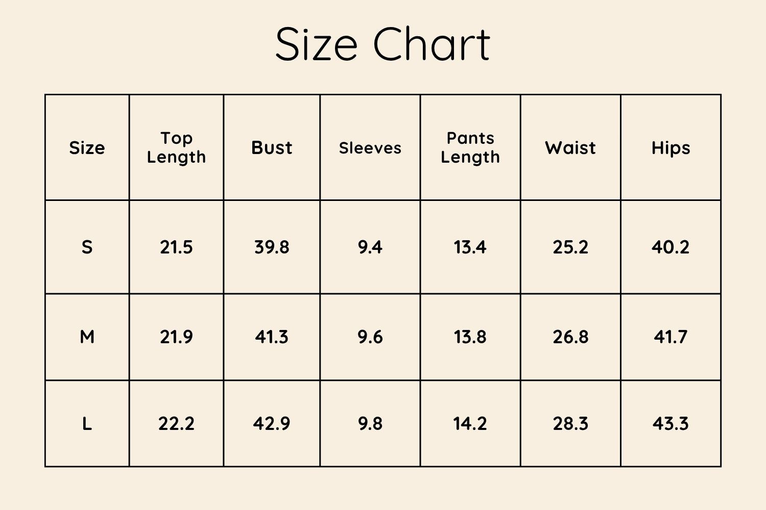 Size Chart Inches
