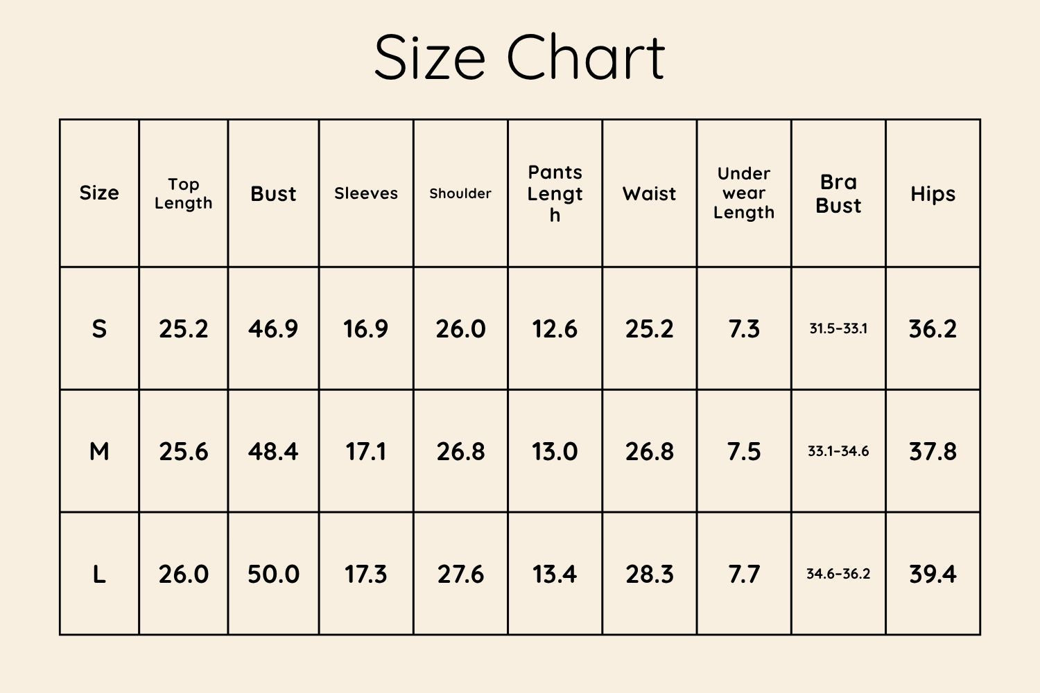 Size Chart Inches