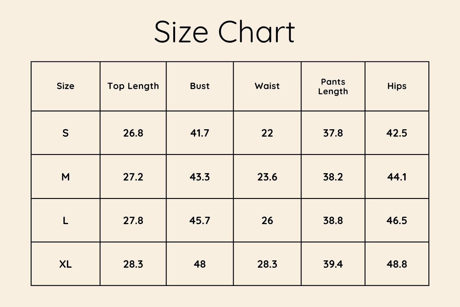 Size Chart Inches