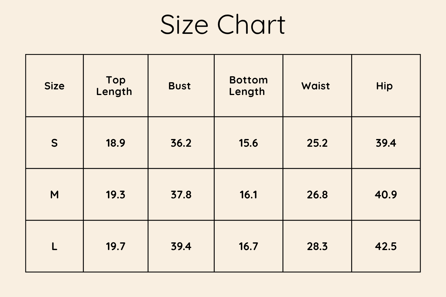 Size Chart Inches