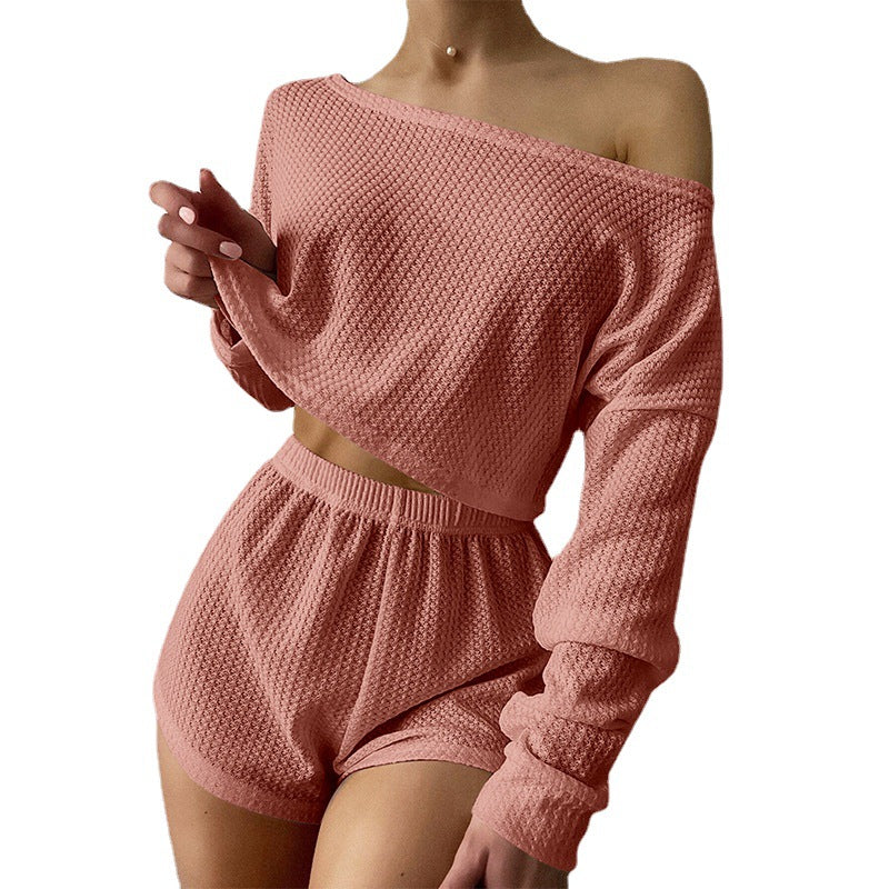 Waffle Off Shoulder Shorts Set