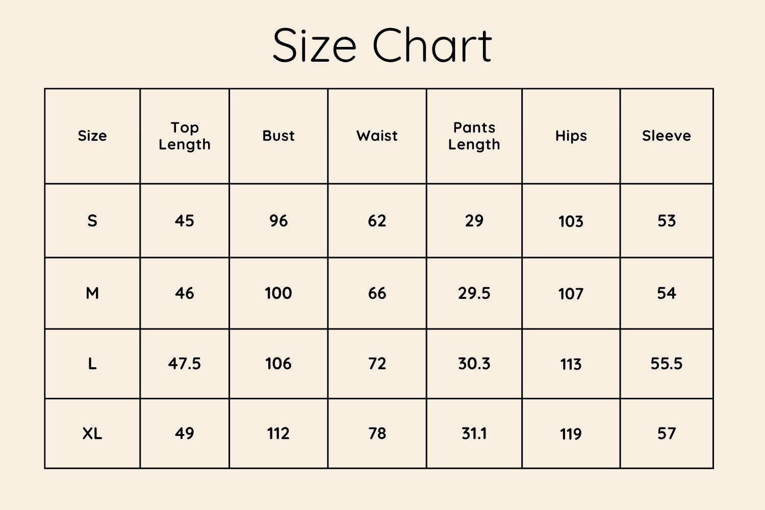 Size Chart CM