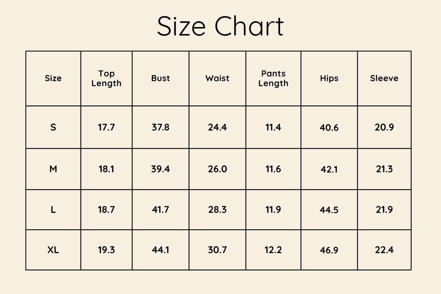 Size Chart Inches