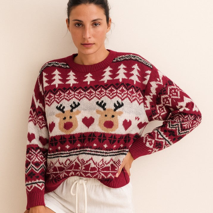 Pull moche de Noël pour femme avec motif de renne blanc et rouge