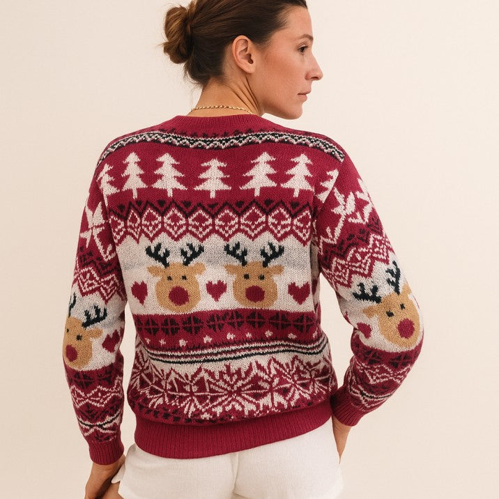 Pull moche de Noël pour femme avec motif de renne blanc et rouge