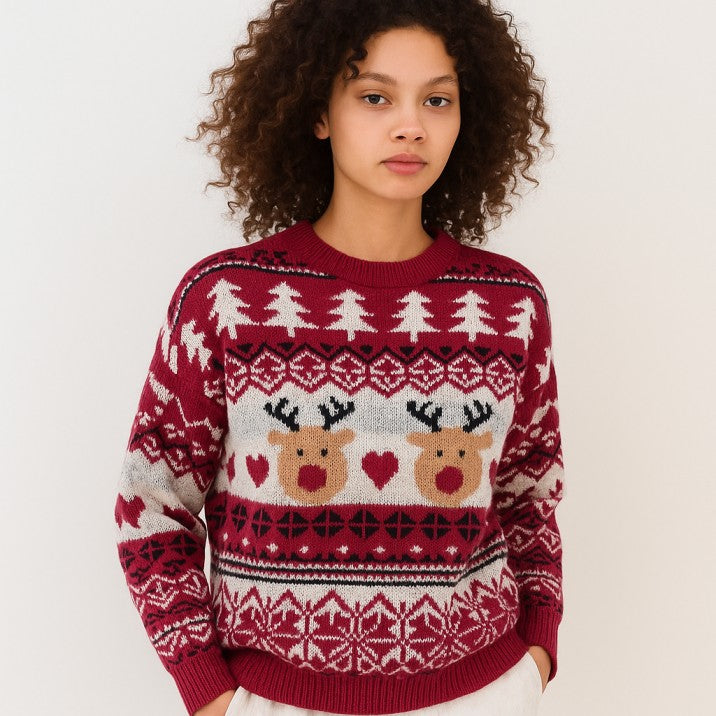 Pull moche de Noël pour femme avec motif de renne blanc et rouge