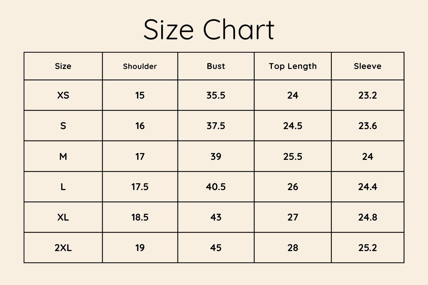 Size Chart Inches
