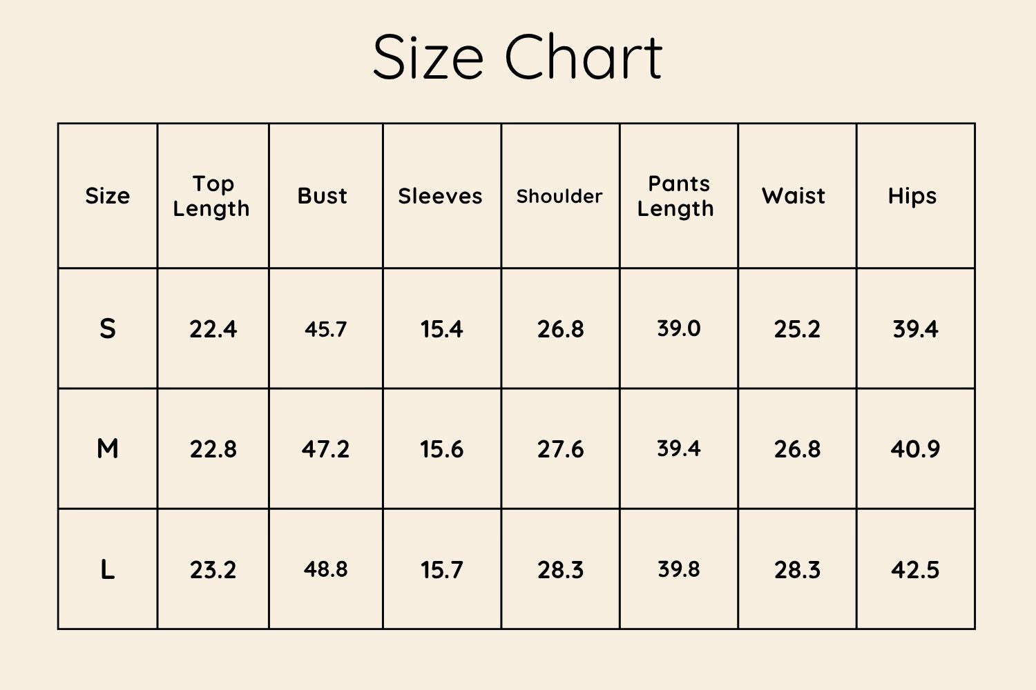 Size Chart Inches