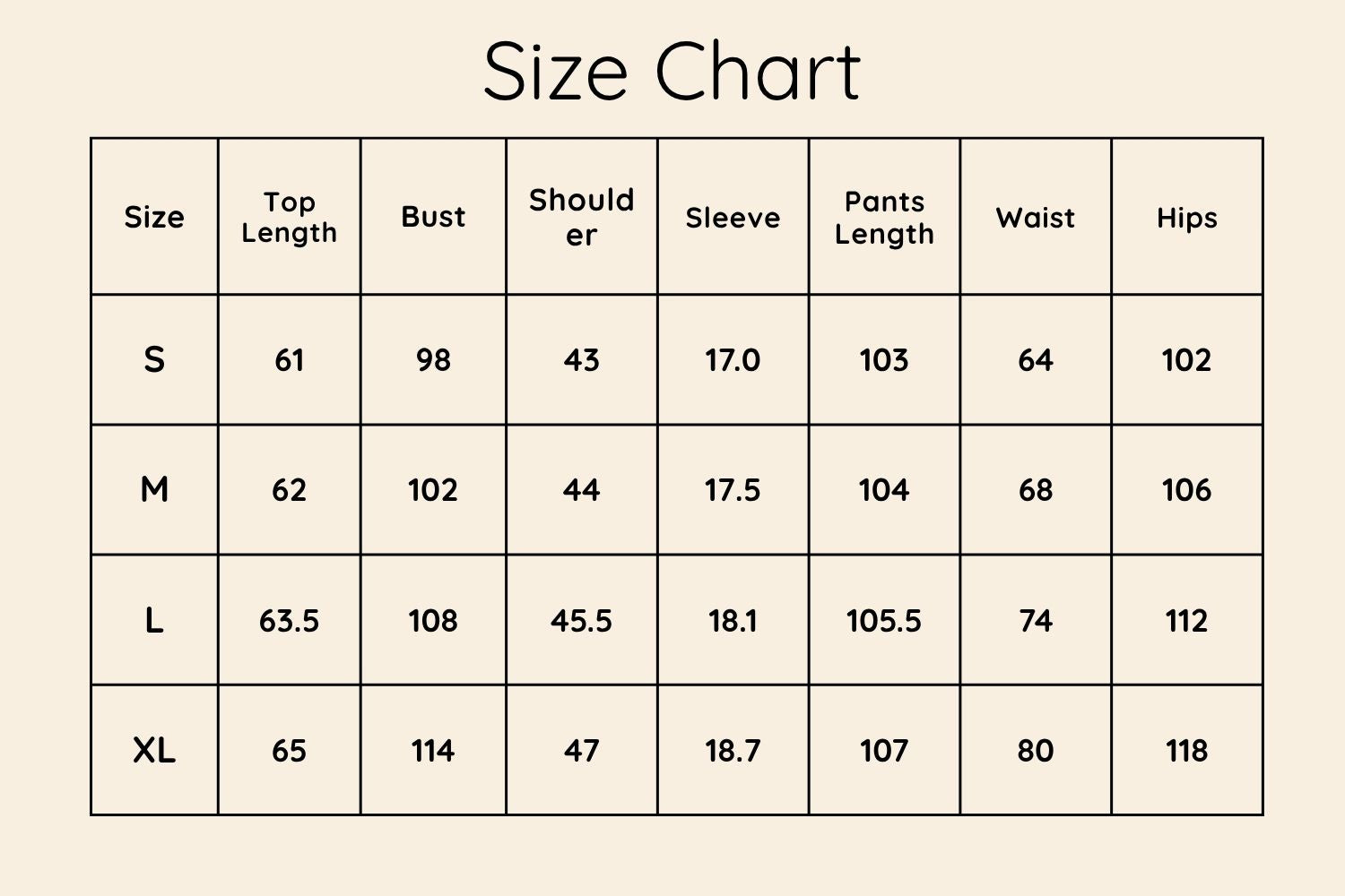 Size Chart CM